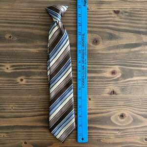 Bergamo New York Boys Brown Blue Beige Striped Clip-On Tie Handmade Pre-Tied 15